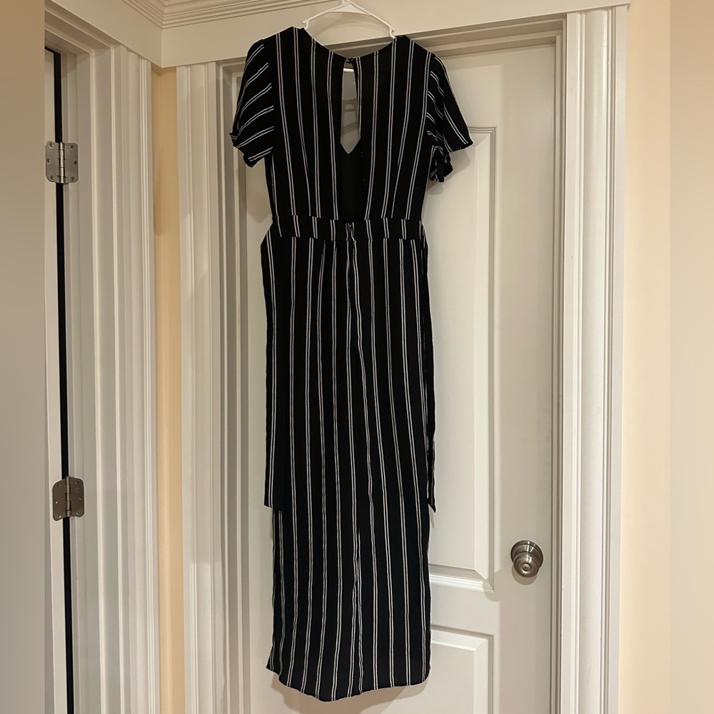 Crystal Doll Elegant Black and White Striped Overlay Hem Romper - Picture 7 of 8